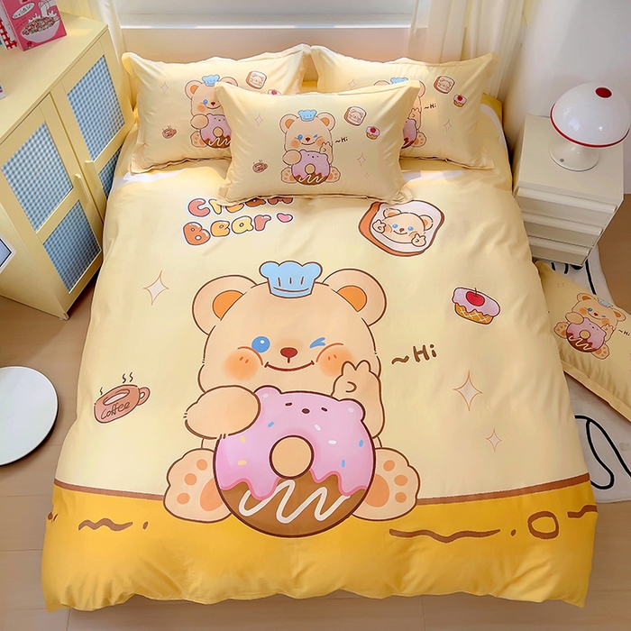 91家纺网 家纺一手货源 找家纺 浩诚 2025新款原创IP奶油小熊（黄油小熊）全棉纯棉四件套 小熊甜甜圈