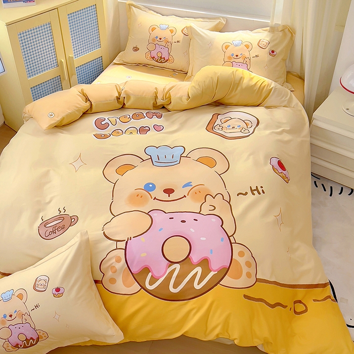 91家纺网 家纺一手货源 找家纺 浩诚 2025新款原创IP奶油小熊（黄油小熊）全棉纯棉四件套 小熊甜甜圈