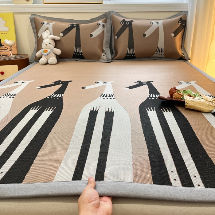 羚羊语家纺 2025新款中古风1600D色织提花冰丝碳光复合凉席加厚620克平铺绑带款凉感云母冰感席子软席三件套 机器狗