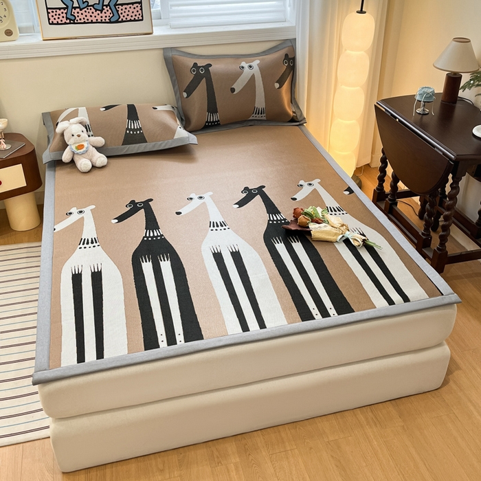 91家纺网 家纺一手货源 找家纺 羚羊语家纺 2025新款中古风1600D色织提花冰丝碳光复合凉席加厚620克平铺绑带款凉感云母冰感席子软席三件套 机器狗