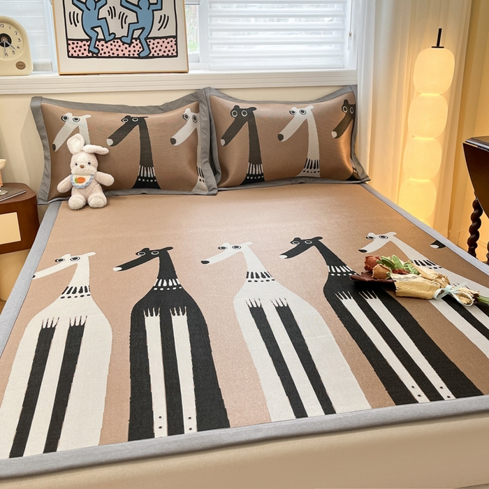 91家纺网 家纺一手货源 找家纺 羚羊语家纺 2025新款中古风1600D色织提花冰丝碳光复合凉席加厚620克平铺绑带款凉感云母冰感席子软席三件套 机器狗