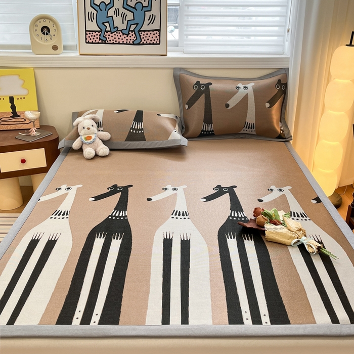 91家纺网 家纺一手货源 找家纺 羚羊语家纺 2025新款中古风1600D色织提花冰丝碳光复合凉席加厚620克平铺绑带款凉感云母冰感席子软席三件套 机器狗