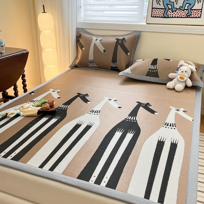 91家纺网 家纺一手货源 找家纺 羚羊语家纺 2025新款中古风1600D色织提花冰丝碳光复合凉席加厚620克平铺绑带款凉感云母冰感席子软席三件套 机器狗