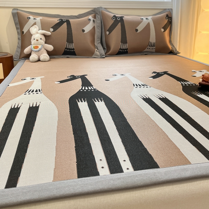 91家纺网 家纺一手货源 找家纺 羚羊语家纺 2025新款中古风1600D色织提花冰丝碳光复合凉席加厚620克平铺绑带款凉感云母冰感席子软席三件套 机器狗