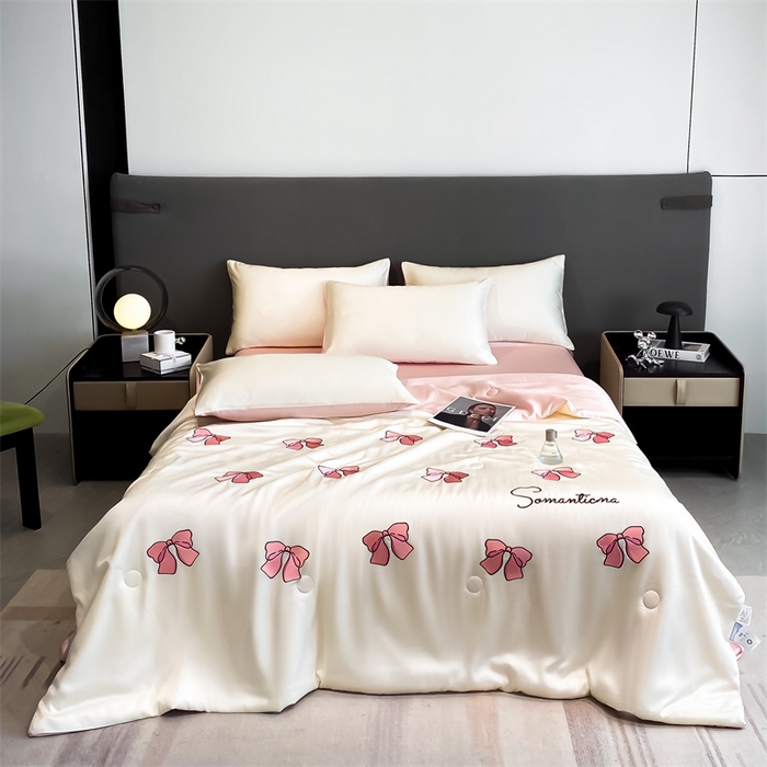 91家纺网 家纺一手货源 找家纺 笙意家纺 2025新款水洗真丝夏被夏凉被空调被四件套-满绣系列 蝴蝶结-白+粉