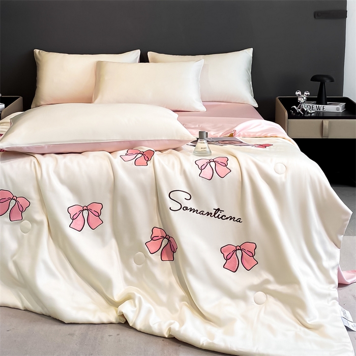 91家纺网 家纺一手货源 找家纺 笙意家纺 2025新款水洗真丝夏被夏凉被空调被四件套-满绣系列 蝴蝶结-白+粉