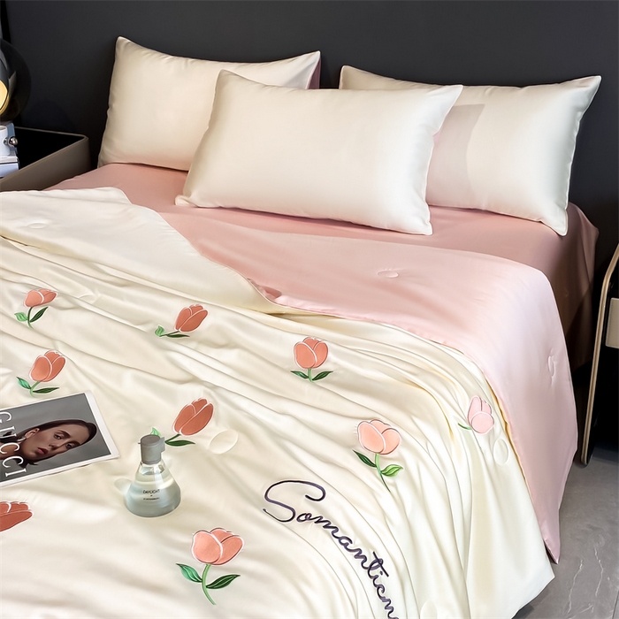 91家纺网 家纺一手货源 找家纺 笙意家纺 2025新款水洗真丝夏被夏凉被空调被四件套-满绣系列 郁金香-白+粉