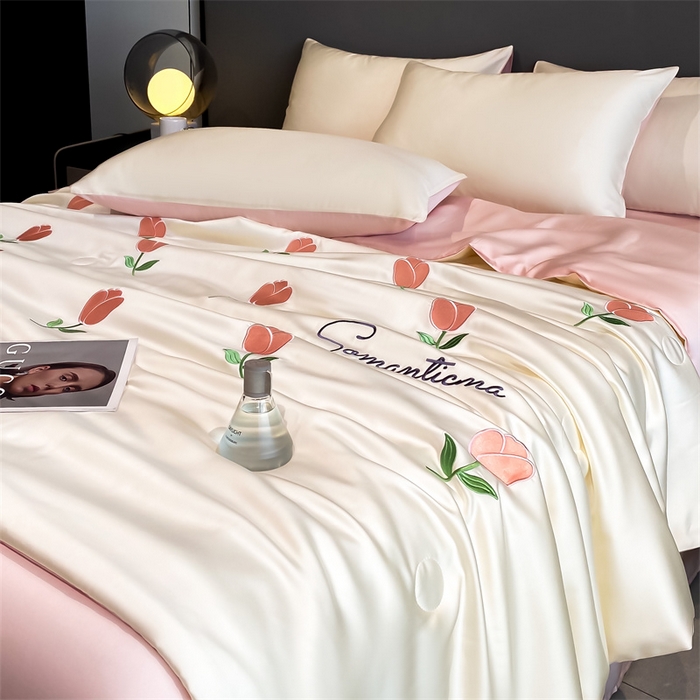 91家纺网 家纺一手货源 找家纺 笙意家纺 2025新款水洗真丝夏被夏凉被空调被四件套-满绣系列 郁金香-白+粉