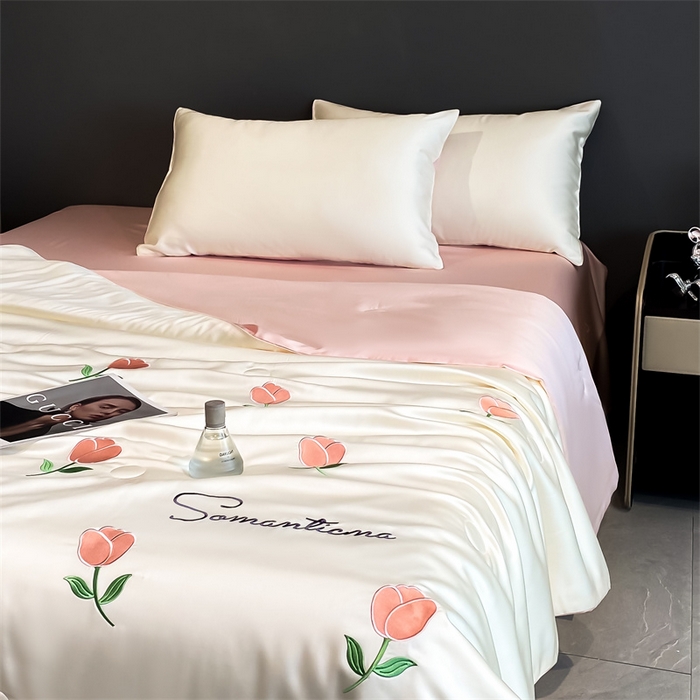 91家纺网 家纺一手货源 找家纺 笙意家纺 2025新款水洗真丝夏被夏凉被空调被四件套-满绣系列 郁金香-白+粉