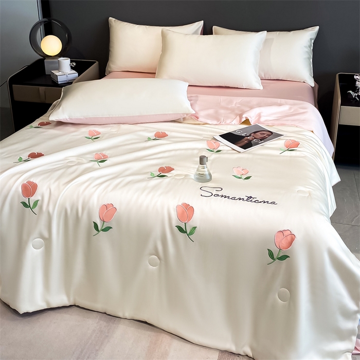 91家纺网 家纺一手货源 找家纺 笙意家纺 2025新款水洗真丝夏被夏凉被空调被四件套-满绣系列 郁金香-白+粉