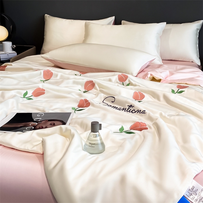 91家纺网 家纺一手货源 找家纺 笙意家纺 2025新款水洗真丝夏被夏凉被空调被四件套-满绣系列 郁金香-白+粉