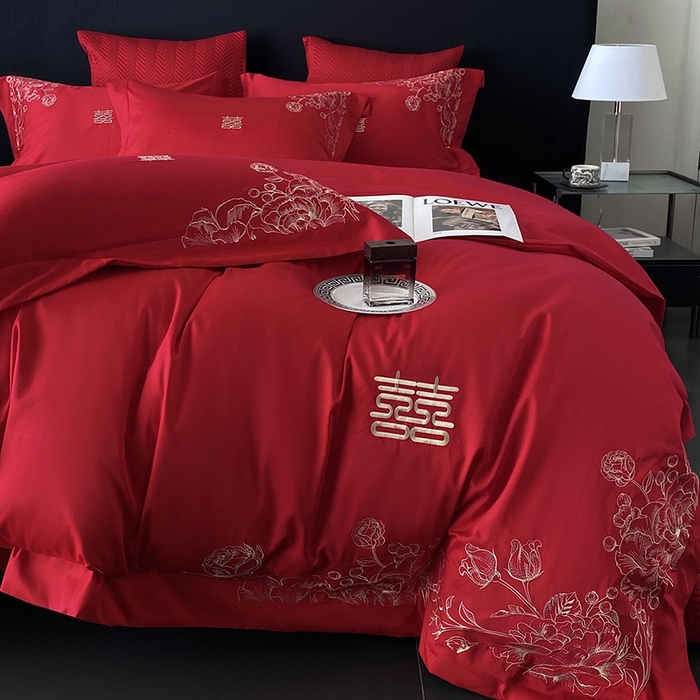 91家纺网 家纺一手货源 找家纺 优悦生活馆 2025新款亲肤婚庆夹棉床盖四件套 喜悦