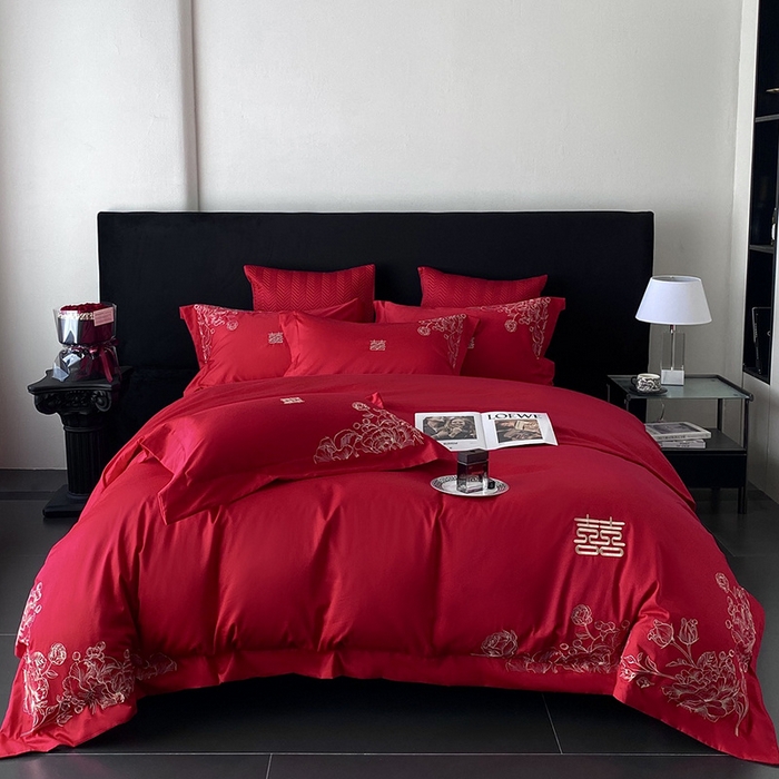 优悦生活馆 2025新款亲肤婚庆夹棉床盖四件套 喜悦