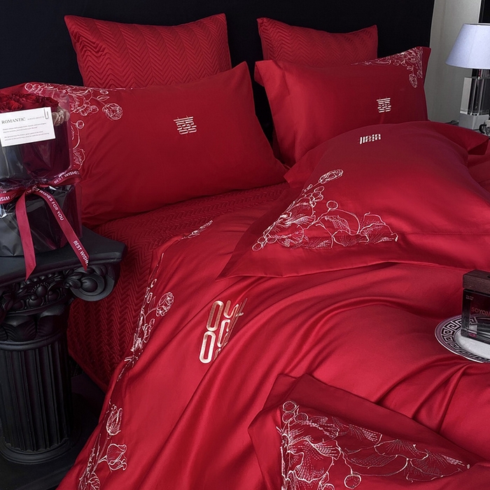 91家纺网 家纺一手货源 找家纺 优悦生活馆 2025新款亲肤婚庆夹棉床盖四件套 喜悦