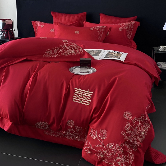 91家纺网 家纺一手货源 找家纺 优悦生活馆 2025新款亲肤婚庆夹棉床盖四件套 喜悦