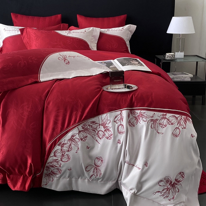 91家纺网 家纺一手货源 找家纺 优悦生活馆 2025新款亲肤婚庆夹棉床盖四件套 心田