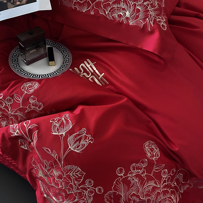 91家纺网 家纺一手货源 找家纺 优悦生活馆 2025新款亲肤婚庆夹棉床盖四件套 喜悦