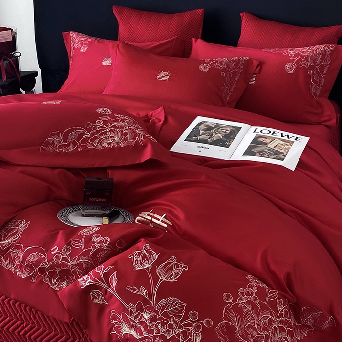 91家纺网 家纺一手货源 找家纺 优悦生活馆 2025新款亲肤婚庆夹棉床盖四件套 喜悦