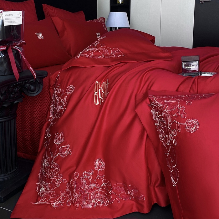 91家纺网 家纺一手货源 找家纺 优悦生活馆 2025新款亲肤婚庆夹棉床盖四件套 喜悦