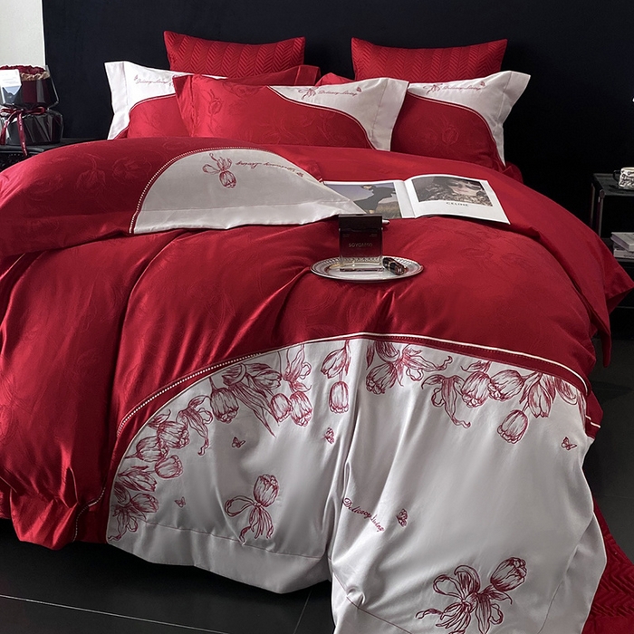 91家纺网 家纺一手货源 找家纺 优悦生活馆 2025新款亲肤婚庆夹棉床盖四件套 心田