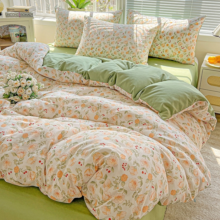 91家纺网 家纺一手货源 找家纺 2025水洗棉双层纱简约风ins风小碎花被套床单款床笠款三四件套-单被套 热恋