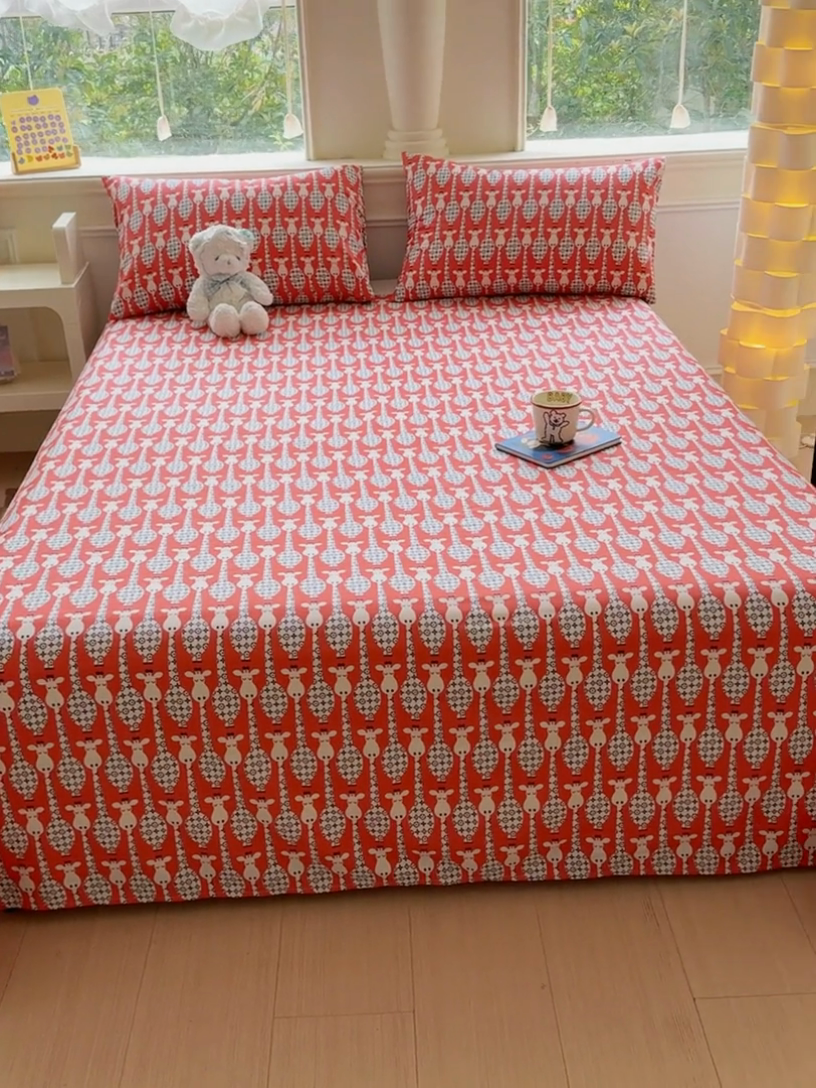 91家纺网 家纺一手货源 找家纺 2025新款全棉床单床笠 长颈鹿 床单款