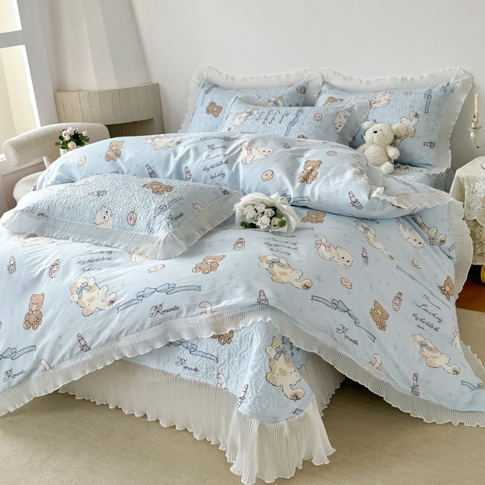 91家纺网 家纺一手货源 找家纺 添越 2024小清新韩版蕾丝花边纯棉夹棉床盖三件套全棉