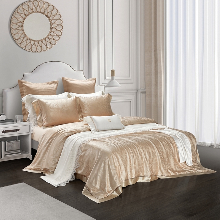 91家纺网 家纺一手货源 找家纺 赫本真丝馆（珍丝纺） 2025新款真丝提花系列四件套 佩德拉-金