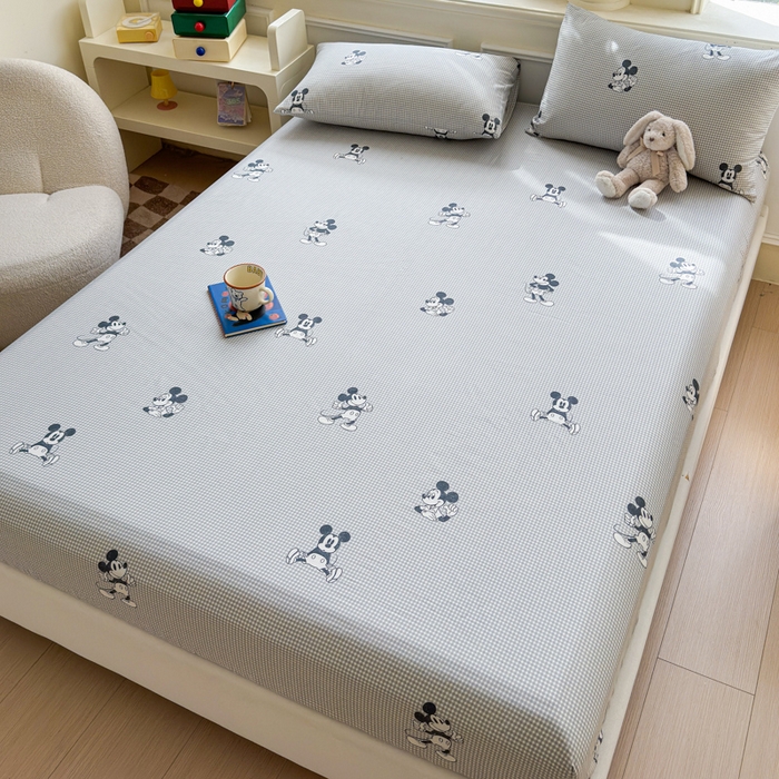 91家纺网 家纺一手货源 找家纺 2025新款全棉床单床笠 灰格米奇 床笠款