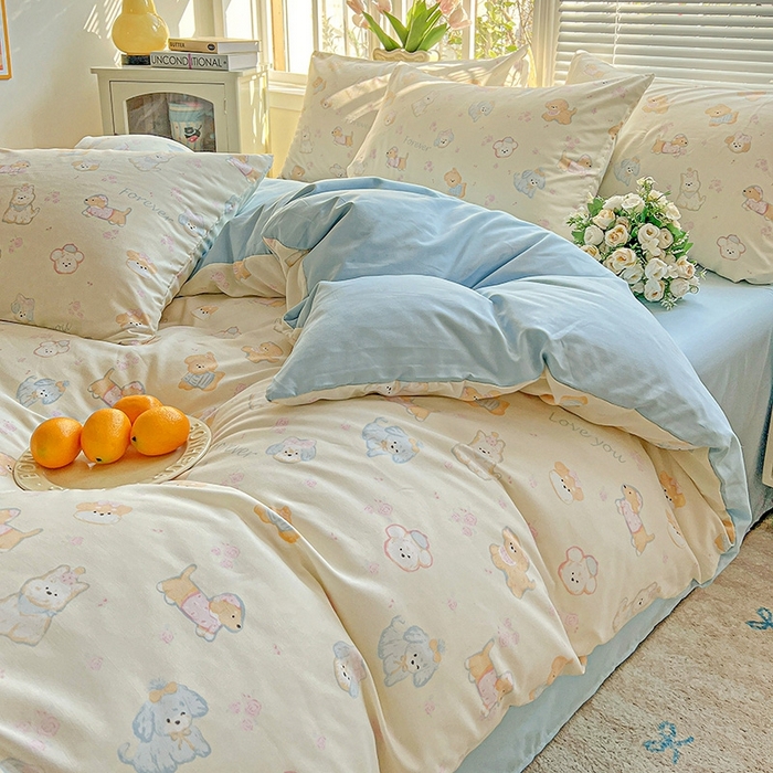 91家纺网 家纺一手货源 找家纺 2025新款水洗云朵糯糯棉简约风ins风小碎花被套床单款床笠款三四件套 萌宠