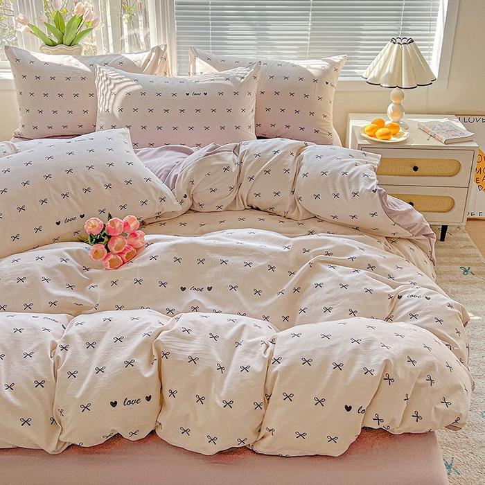 91家纺网 家纺一手货源 找家纺 2025新款水洗云朵糯糯棉简约风ins风小碎花被套床单款床笠款三四件套 蝴蝶结