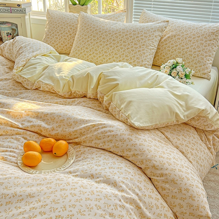 91家纺网 家纺一手货源 找家纺 2025新款水洗云朵糯糯棉简约风ins风小碎花被套床单款床笠款三四件套 浅香