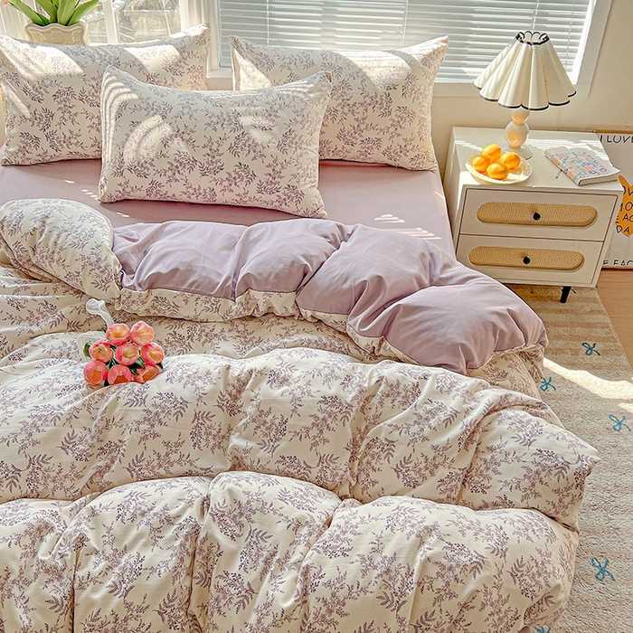 91家纺网 家纺一手货源 找家纺 2025水洗棉双层纱简约风ins风小碎花被套床单款床笠款三四件套-单被套 紫颜