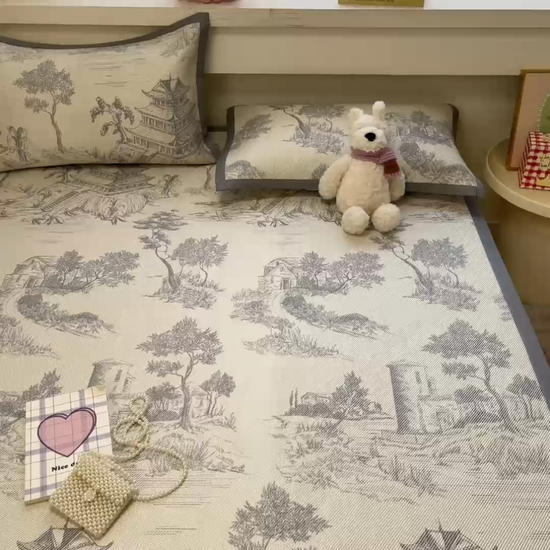 91家纺网 家纺一手货源 找家纺 慕澄家纺 2025新款小清新印花真冰藤系列凉席床席款 床席-远山