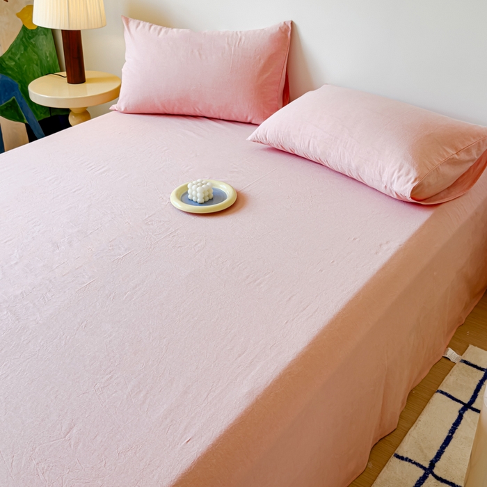 91家纺网 家纺一手货源 找家纺 2025新款全棉色织水洗棉床单床笠 嫩粉 床单款