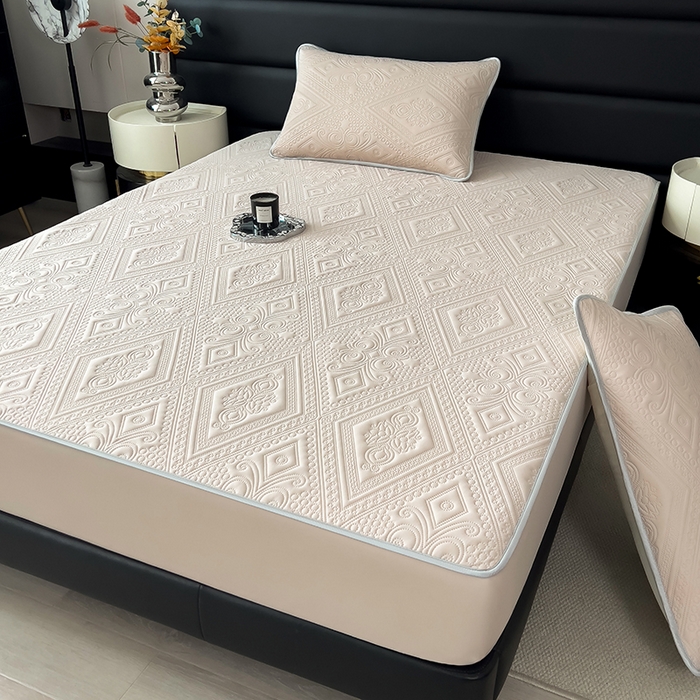 91家纺网 家纺一手货源 找家纺 世纪绒品 2025新款A类凉感压花单床笠单夏被 甜梦卡其-单夏被