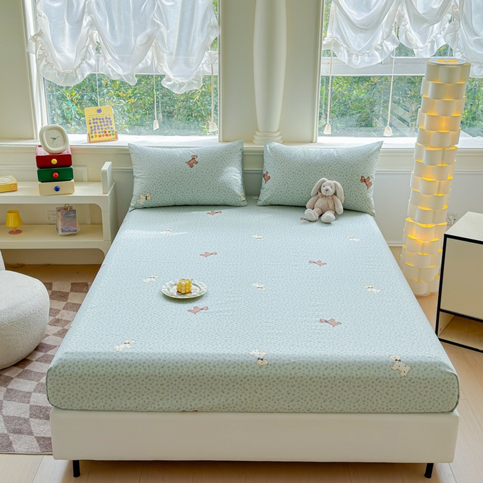 91家纺网 家纺一手货源 找家纺 2025新款全棉床单床笠 点点小狗 床笠款