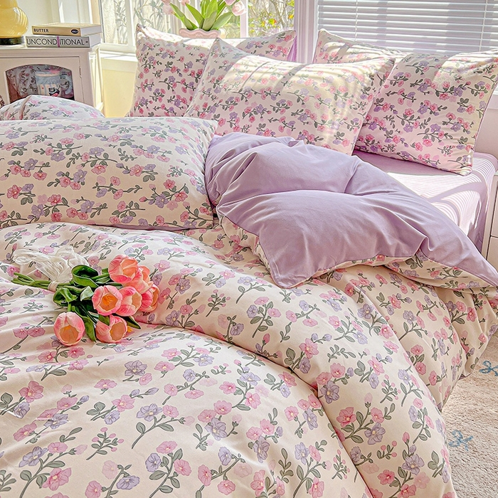 91家纺网 家纺一手货源 找家纺 2025水洗棉双层纱简约风ins风小碎花被套床单款床笠款三四件套-单被套 花开满树