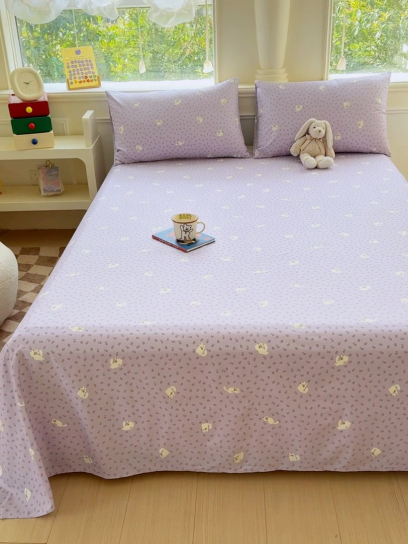 91家纺网 家纺一手货源 找家纺 2025新款全棉床单床笠 紫花猫 床单款