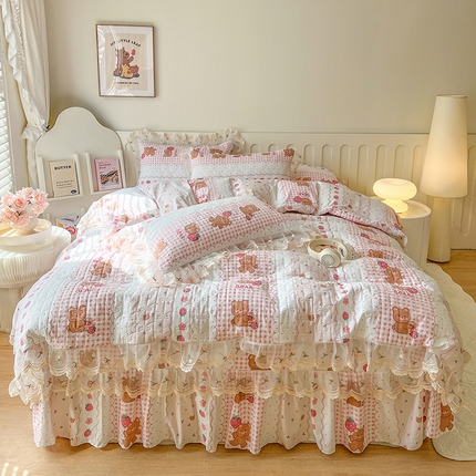 网红馆 2025新款水洗棉印花床盖四件套 花花熊