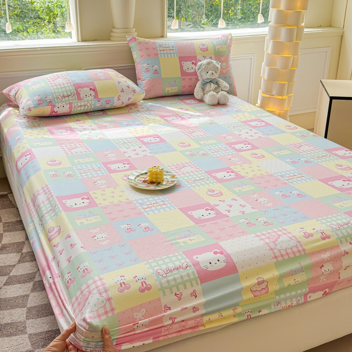 91家纺网 家纺一手货源 找家纺 2025新款全棉床单床笠 格子猫咪 床笠款