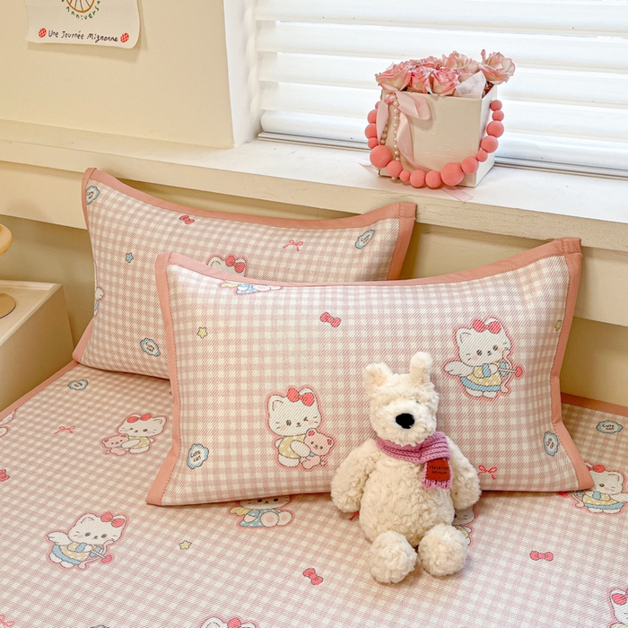 91家纺网 家纺一手货源 找家纺 慕澄家纺 2025新款小清新印花真冰藤系列凉席床席款 床席-粉格猫咪