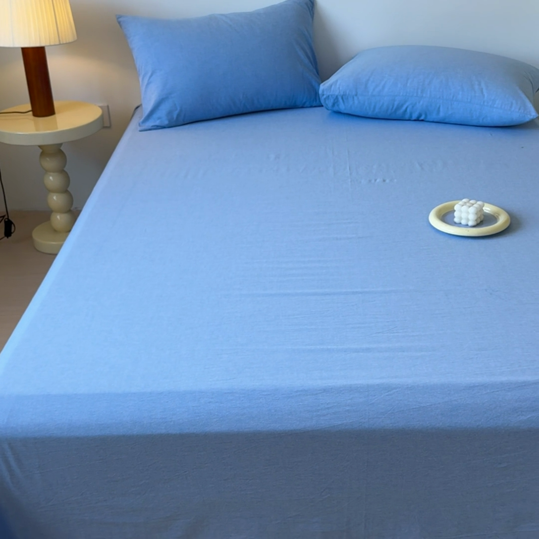 91家纺网 家纺一手货源 找家纺 2025新款全棉色织水洗棉床单床笠 天蓝 床单款