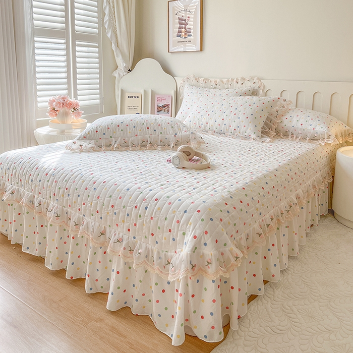 91家纺网 家纺一手货源 找家纺 网红馆 2025新款水洗棉印花床盖四件套 奶油波点