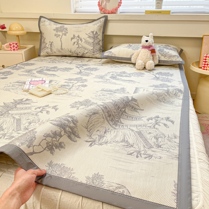 91家纺网 家纺一手货源 找家纺 慕澄家纺 2025新款小清新印花真冰藤系列凉席床席款 床席-远山