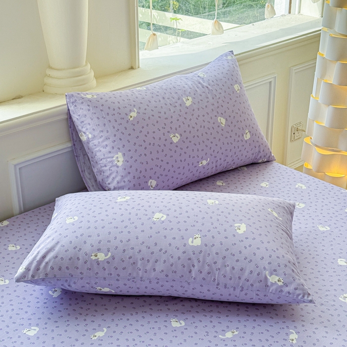 91家纺网 家纺一手货源 找家纺 2025新款全棉床单床笠 紫花猫 床笠款