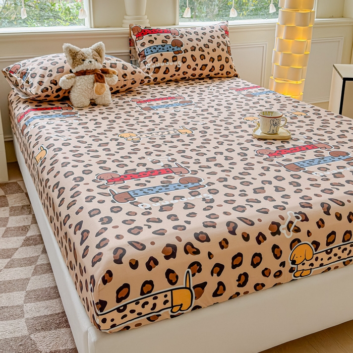 91家纺网 家纺一手货源 找家纺 2025新款全棉床单床笠 豹纹狗 床笠款