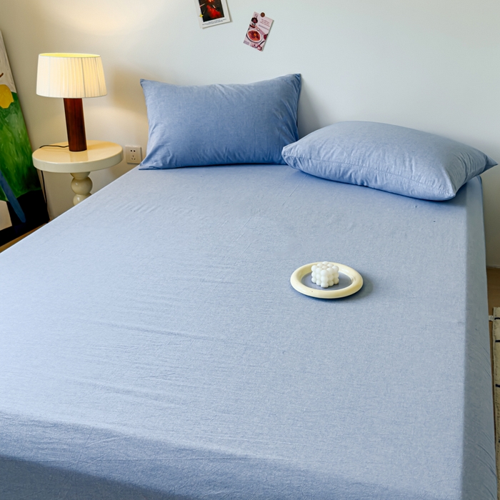 91家纺网 家纺一手货源 找家纺 2025新款全棉色织水洗棉床单床笠 天蓝 床单款