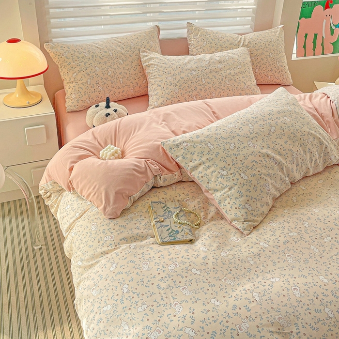 91家纺网 家纺一手货源 找家纺 2025新款水洗云朵糯糯棉简约风ins风小碎花被套床单款床笠款三四件套 花丛兔