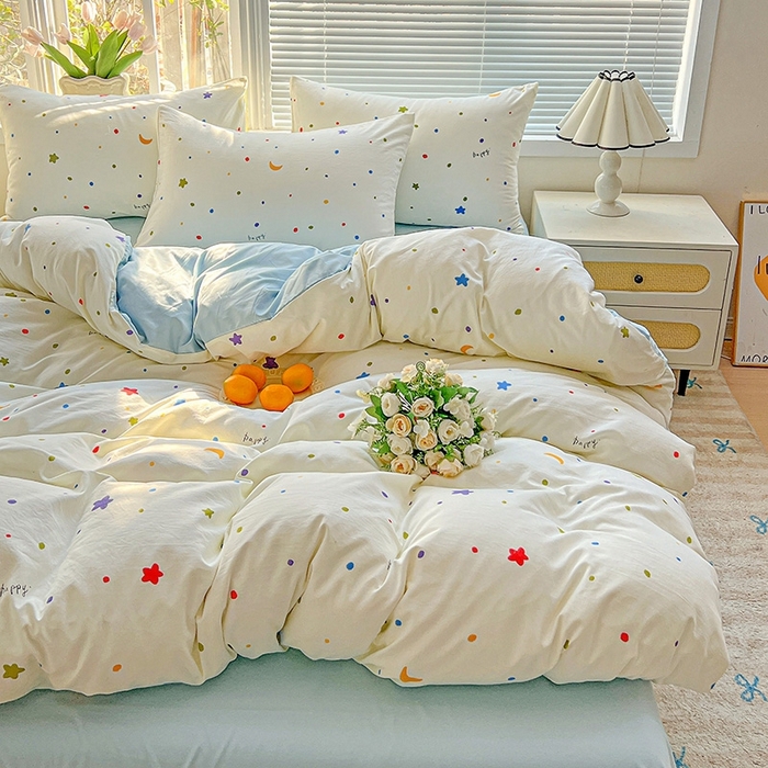 91家纺网 家纺一手货源 找家纺 2025水洗棉双层纱简约风ins风小碎花被套床单款床笠款三四件套-单被套 星月